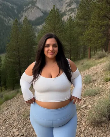 Catlina on a mountain trail among fir trees, white top and light blue leggings