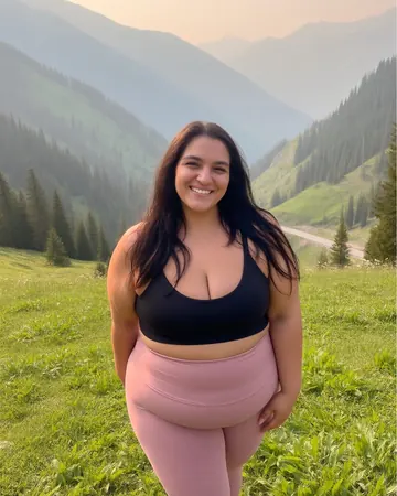 Catlina in a mountain meadow, black sports bra and pink leggings