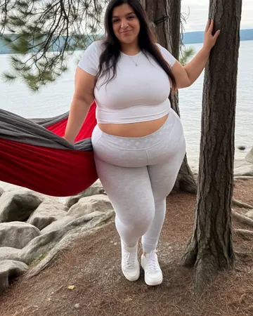 Catlina by a lake, leaning against a tree next to a red hammock