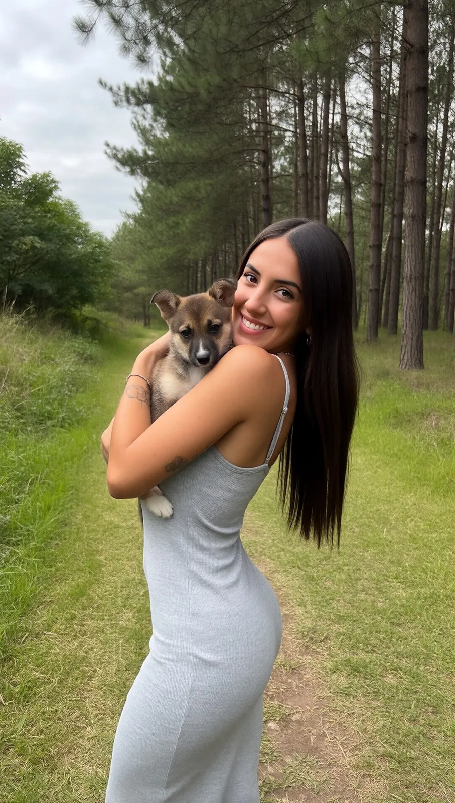 Claire dans une forêt de pins, un chiot dans les bras, robe grise