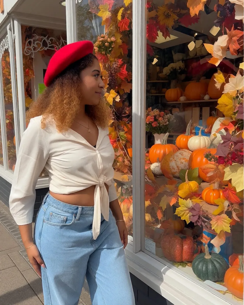 Emma devant une vitrine décorée de citrouilles et de feuilles d'automne, béret rouge