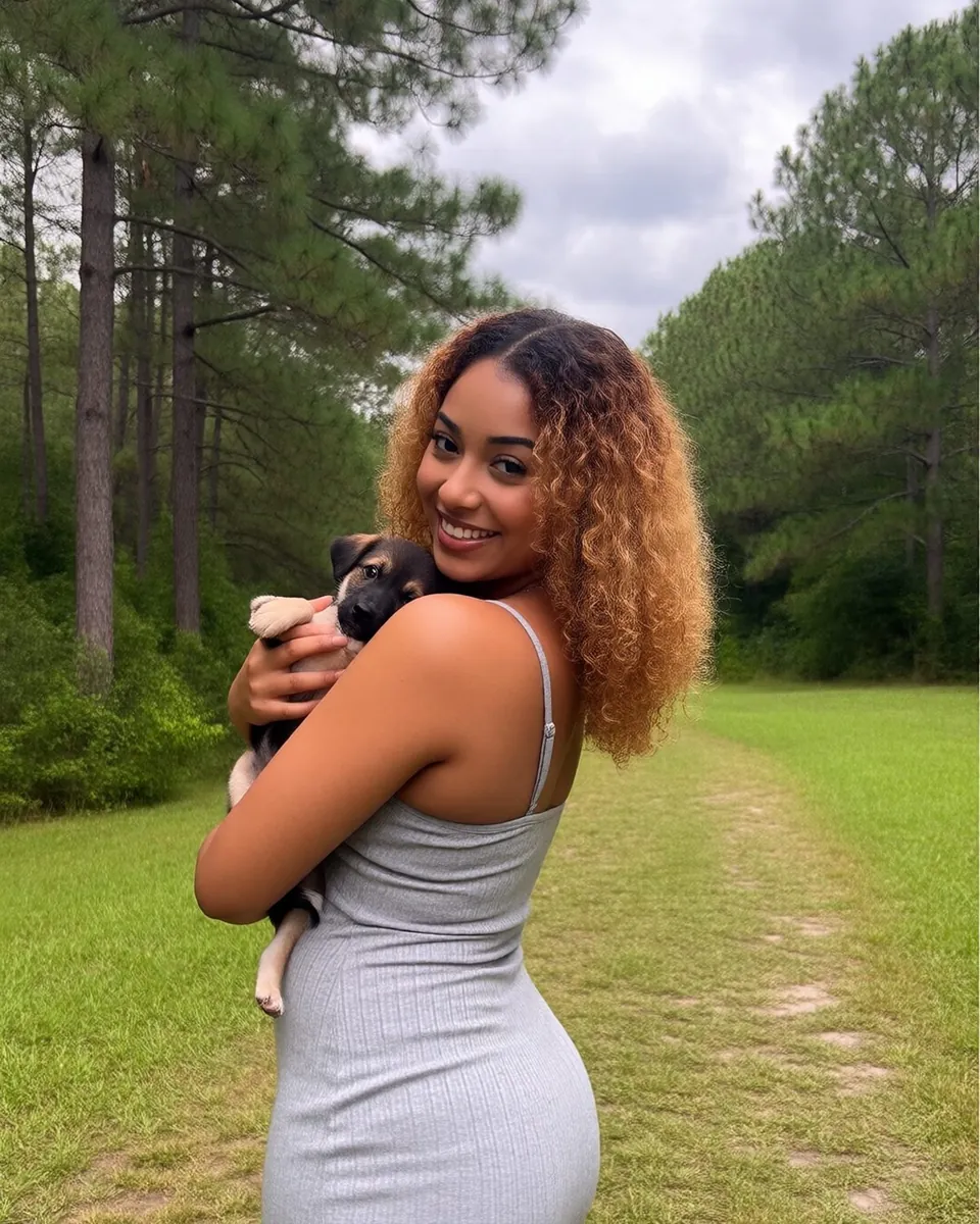 Emma sur un chemin herbeux, un chiot dans les bras, robe grise