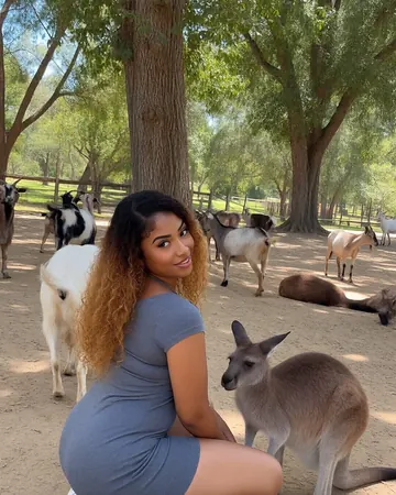 Emma crouching next to a kangaroo in a wildlife park, grey dress