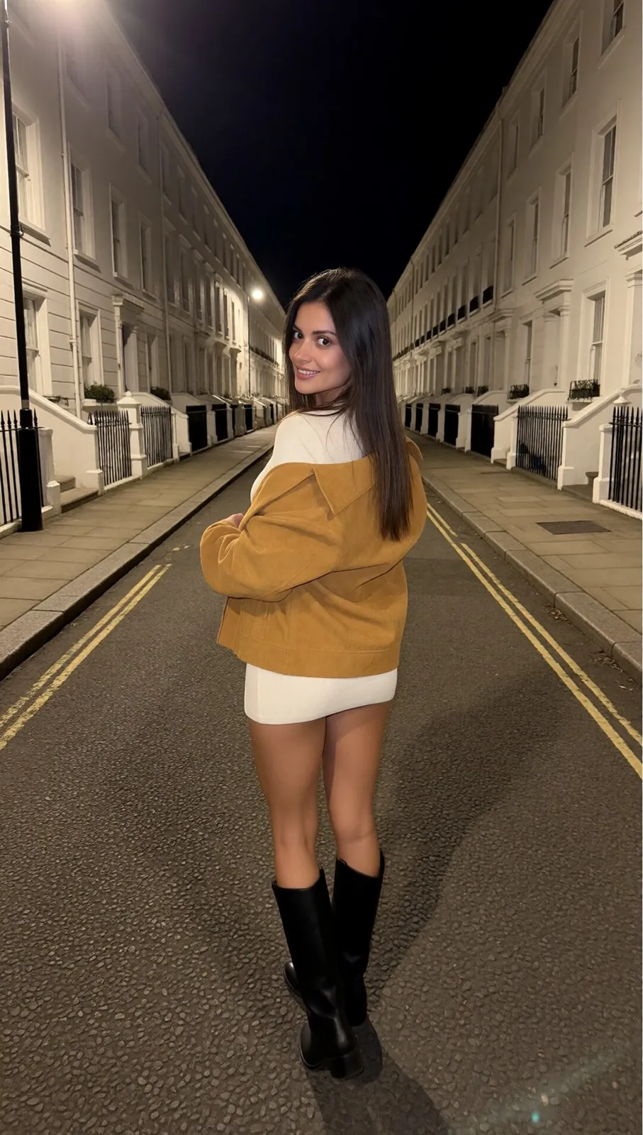 Iris de dos dans une rue calme le soir, gilet moutarde et bottes
