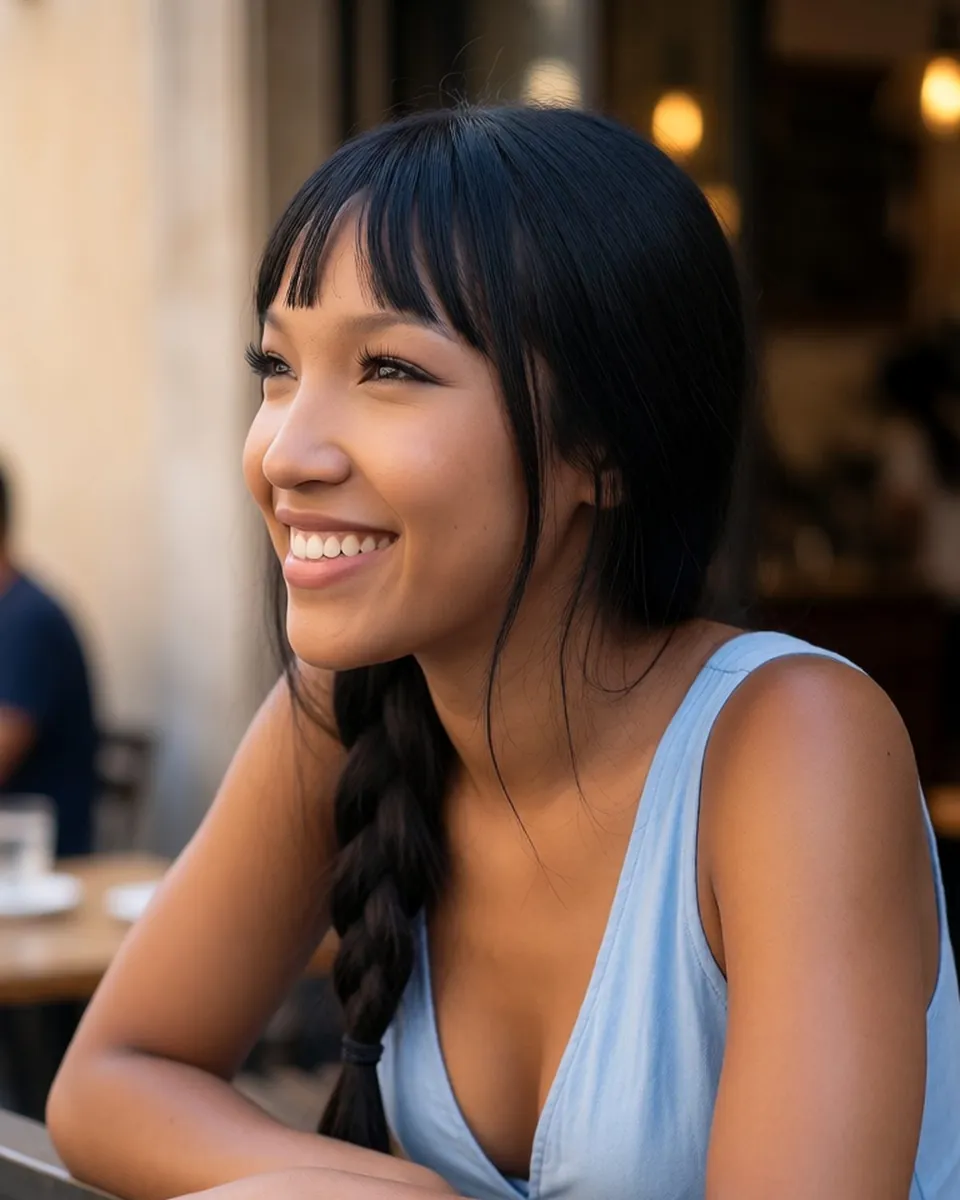 Jade attablée à la terrasse d'un café, débardeur bleu, sourire tourné vers la rue