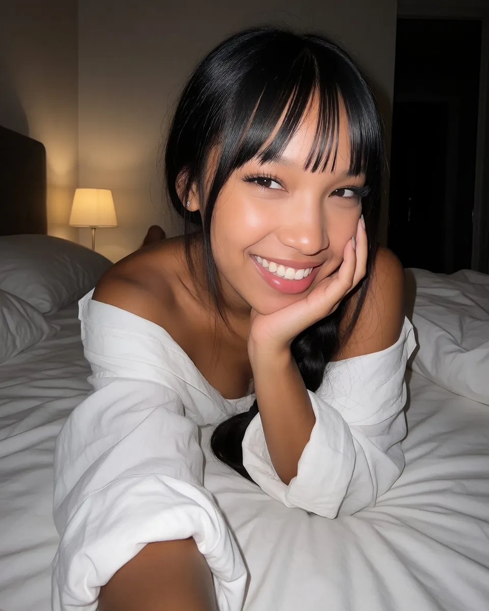Jade allongée sur un lit blanc, chemise blanche, menton dans la main, grand sourire