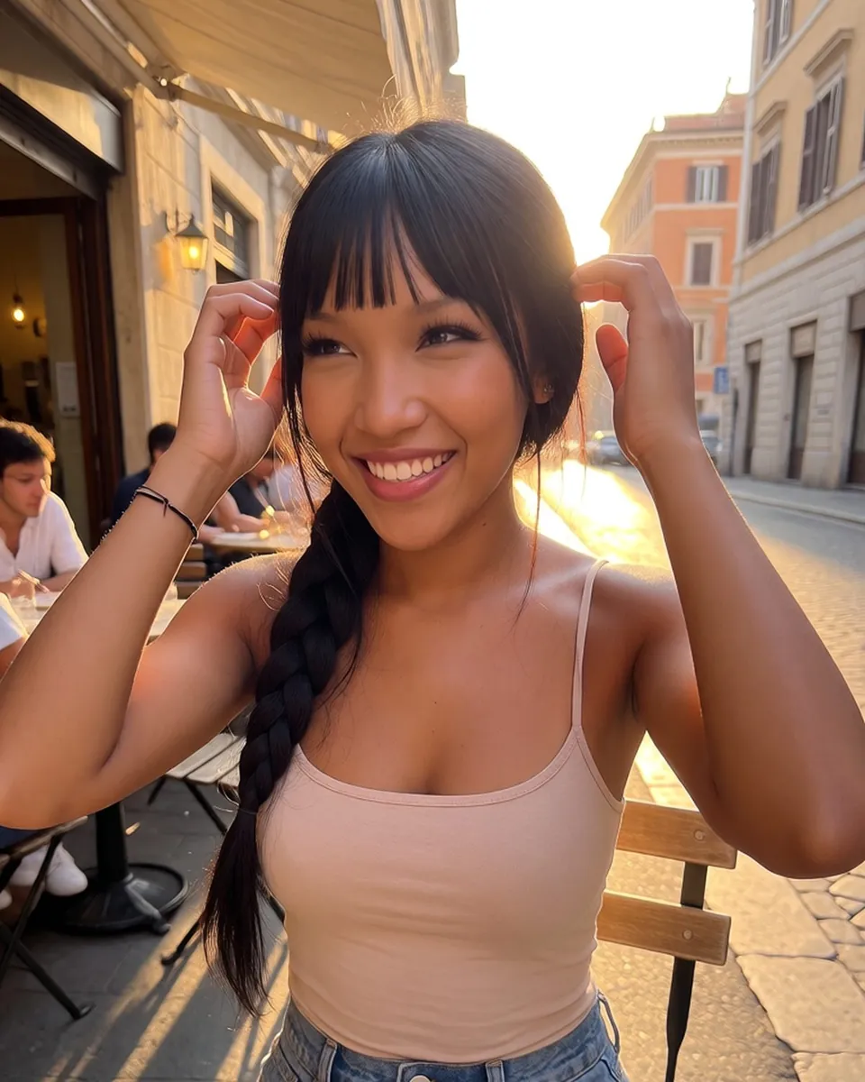 Jade à une terrasse de café en fin de journée, mains dans les cheveux, débardeur beige