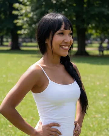 Jade in a sunny park, white dress, hands on her hips