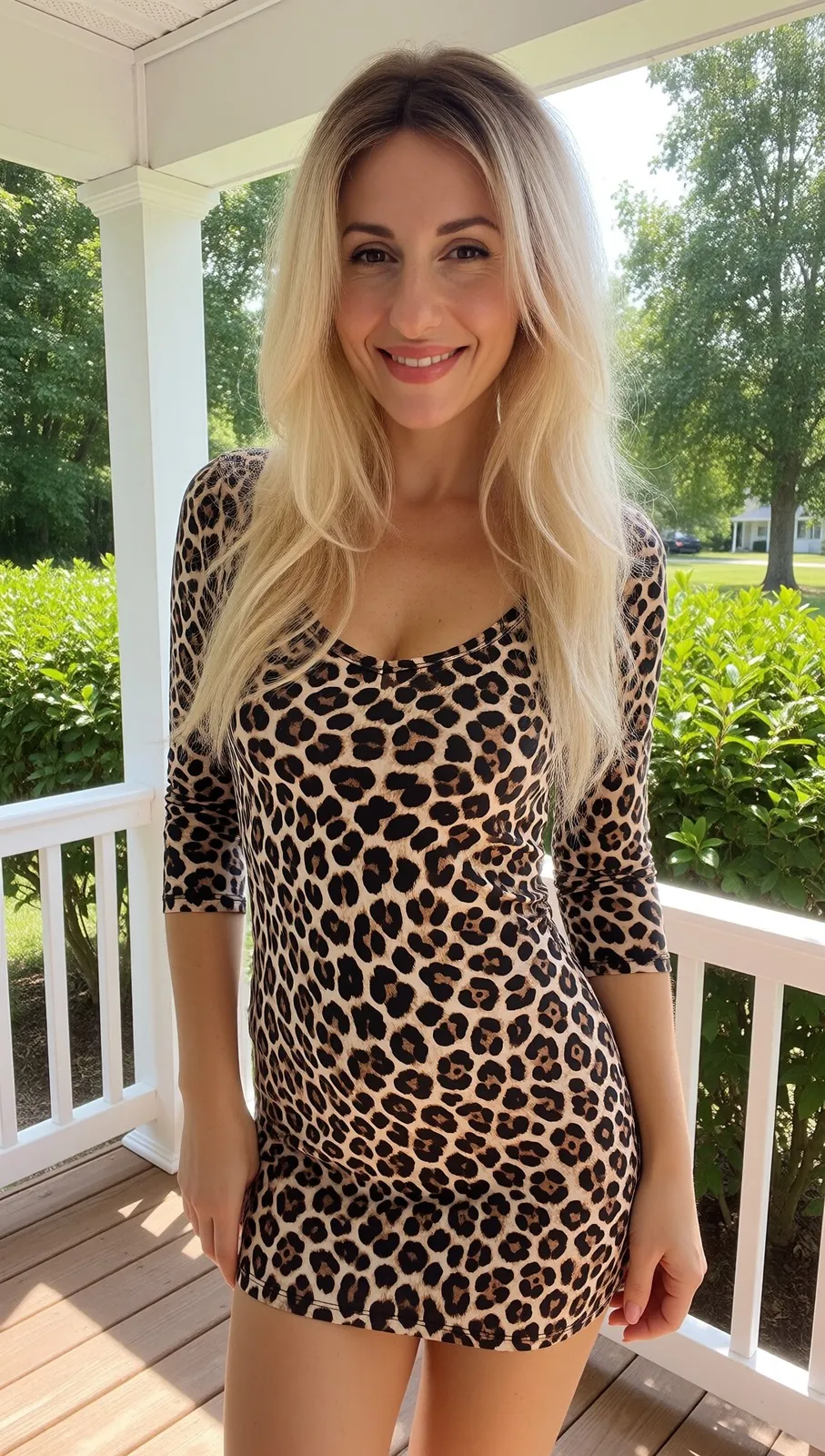 Lena smiling on a porch, long blonde hair, leopard dress