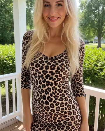 Lena sonriendo en un porche, pelo largo rubio, vestido de leopardo