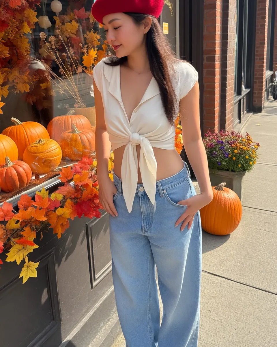 Mia devant une vitrine décorée de citrouilles, béret rouge, chemise nouée et jean