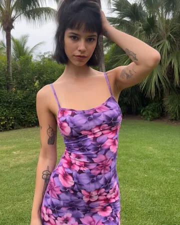 Romy in a garden, purple floral dress