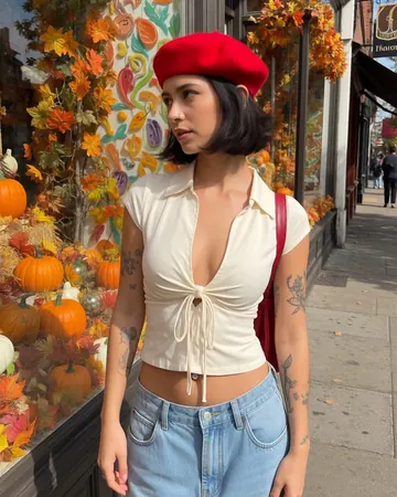 Romy in front of an autumn shop window, red beret