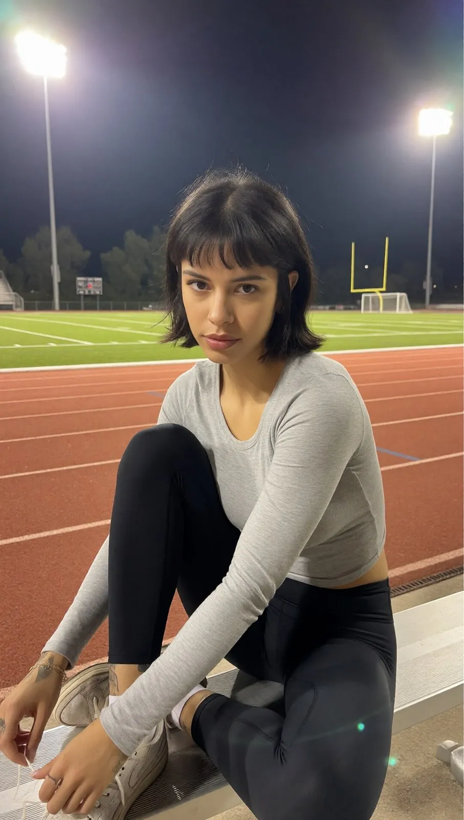 Romy assise sur une piste d'athlétisme le soir, haut gris et legging noir